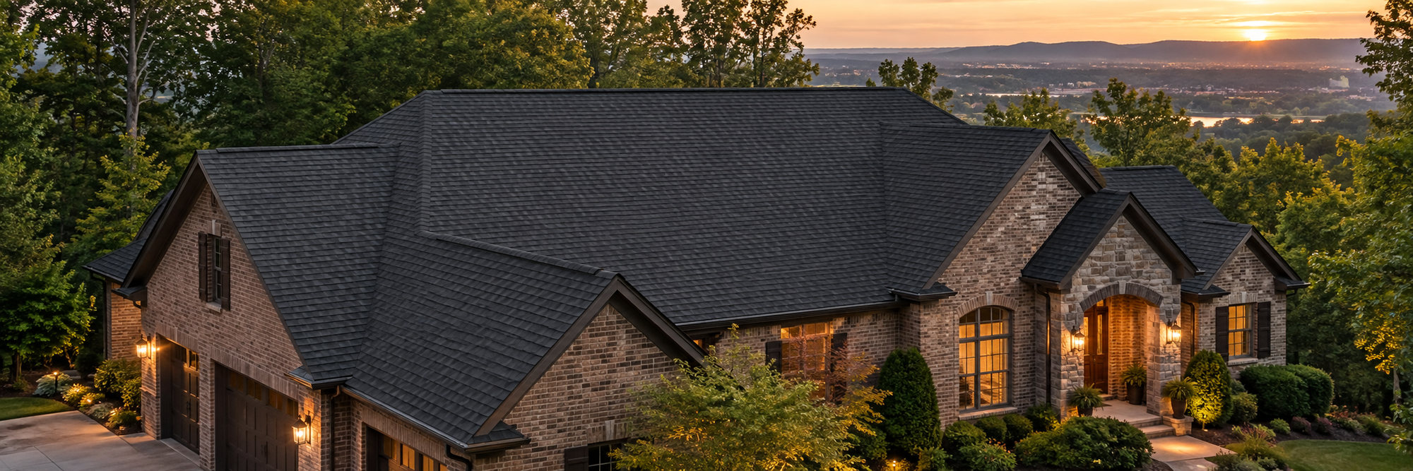 A large brick and stone home at sunset with a finished dark architectural shingle roof, warm light at the entrance and the East Tennessee hills beyond.