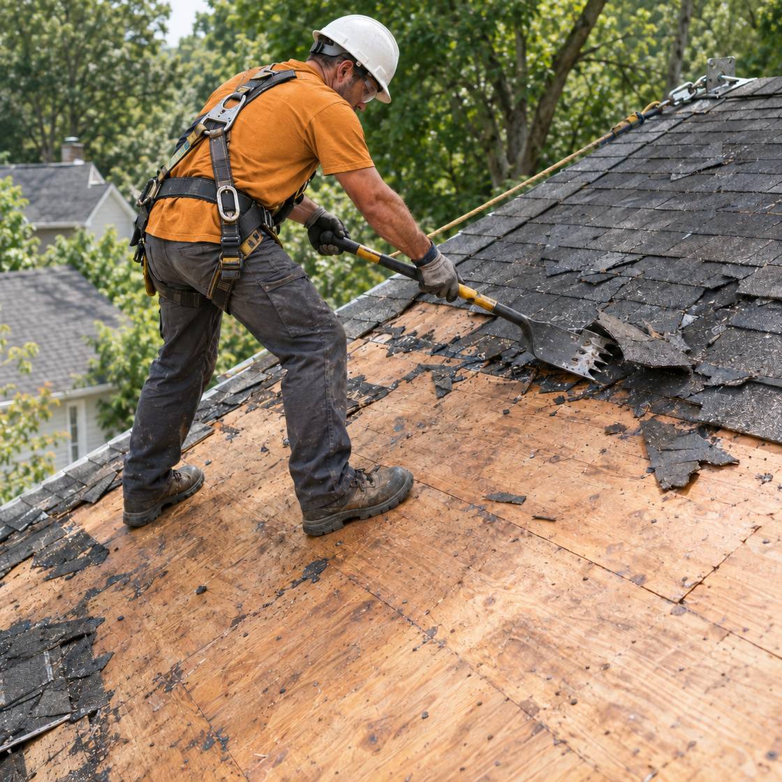 Roofer stripping old shingles from a roof with a tear-off shovel, exposing the wood decking beneath.