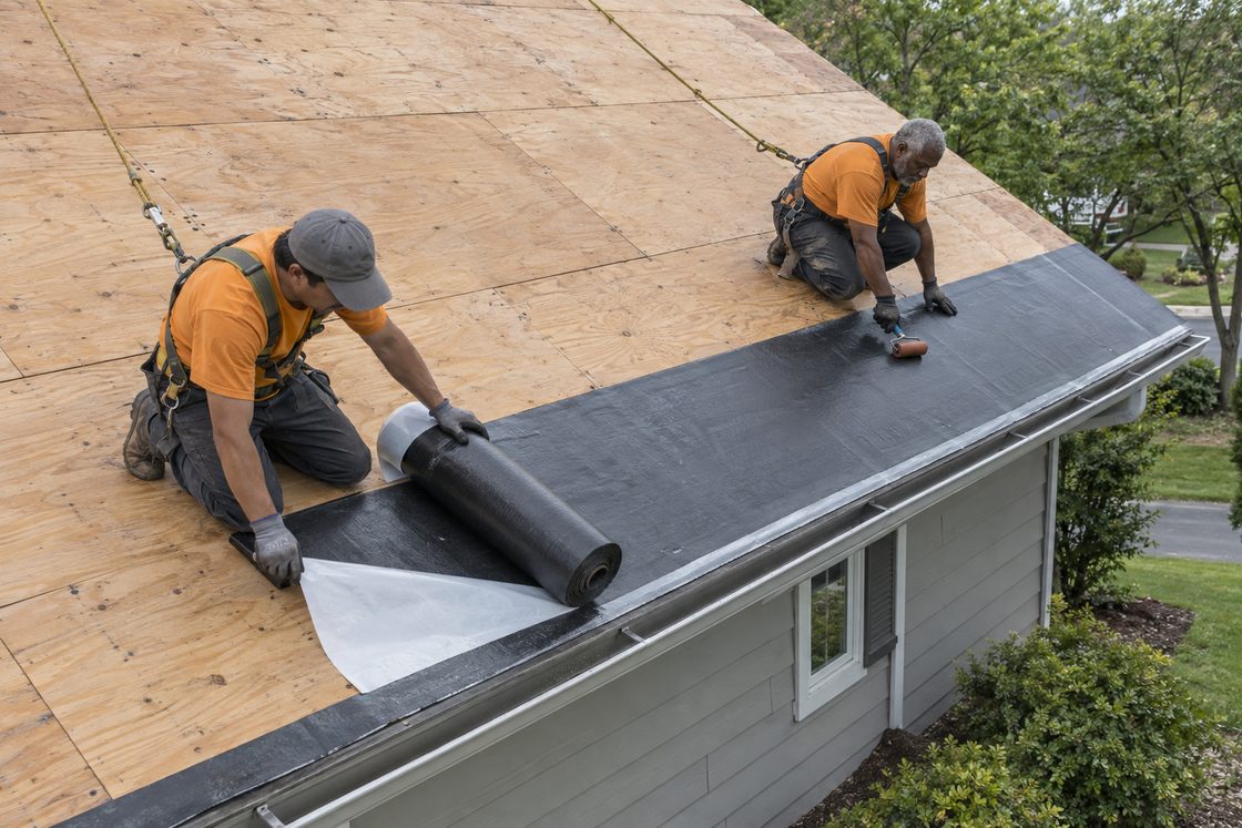 Two roofers unrolling a black self-adhering waterproof membrane along a roof eave, one pressing it down with a roller.