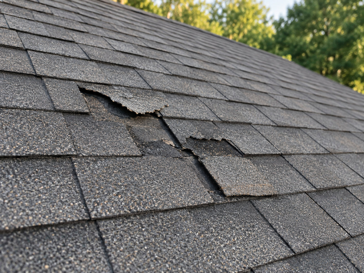 Torn and lifted asphalt shingles part way up a residential roof, exposing the layer underneath.